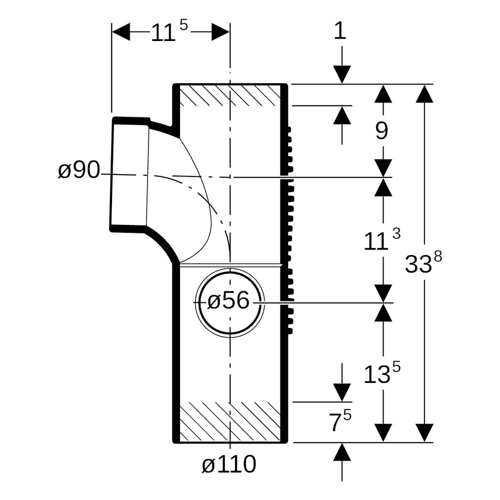 Geberit Silent db20 Kombibogeneckabzweig 88,5 Grad rechts, D 110mm, D1 90mm, D2 56mm... GEBERIT-310815141 4025416296362 (Abb. 9)