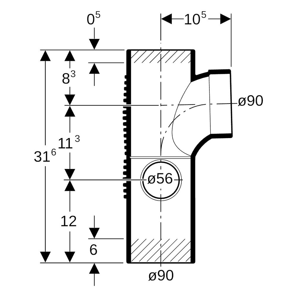 Geberit Silent db20 Kombibogeneckabzweig 88,5 Grad links D 90mm, D1 90mm, D2 56mm... GEBERIT-308817141 4025416296423 (Abb. 9)