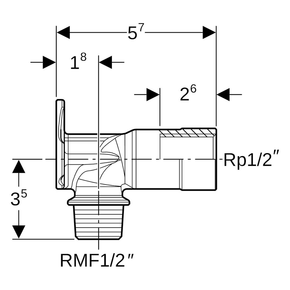 Geberit Anschlusswinkel 90 Grad mit Außengewinde MF 1/2", RMF 1/2", Rp 1/2", L 5,7cm... GEBERIT-602285001 4025416452355 (Abb. 6)