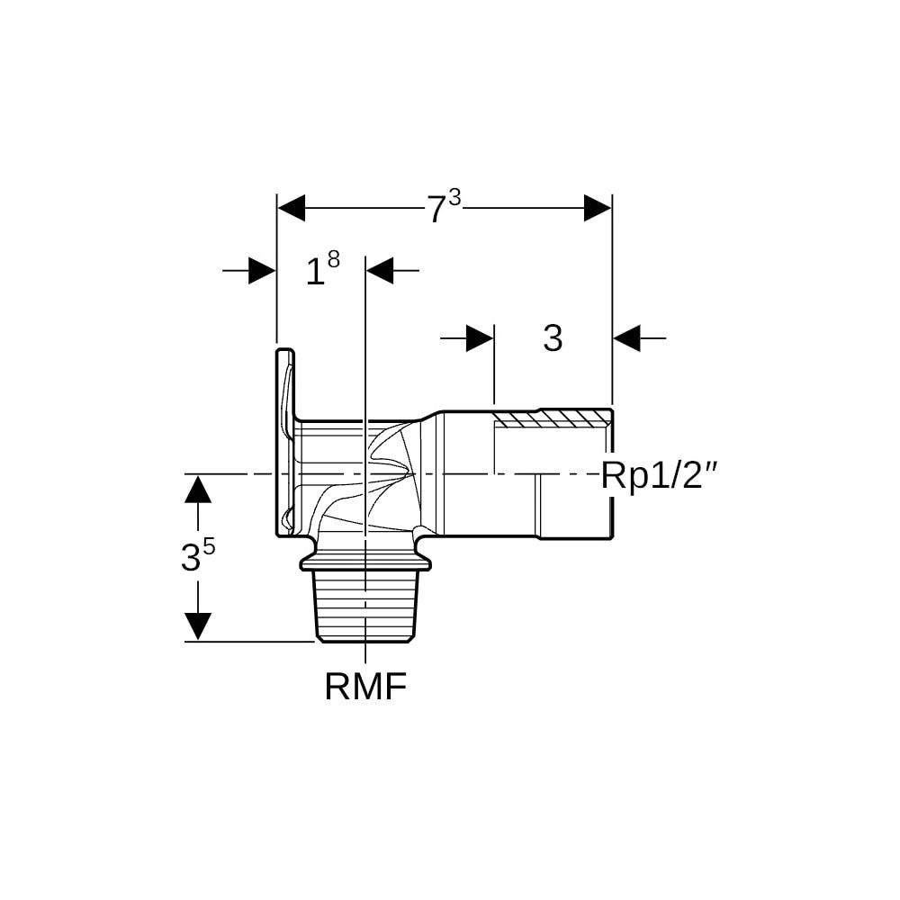 Geberit Anschlusswinkel 90 Grad mit Außengewinde MF 1/2", RMF 1/2″, Rp 1/2″, L 7,3cm... GEBERIT-602287002 4025410167736 (Abb. 5)