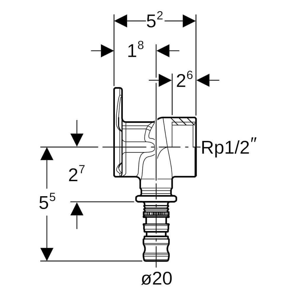 Geberit Mepla Anschlusswinkel 90 Grad, D 20mm, Rp 1/2", L 5,2cm, Rotguss bleifrei... GEBERIT-602293005 4025416700074 (Abb. 7)
