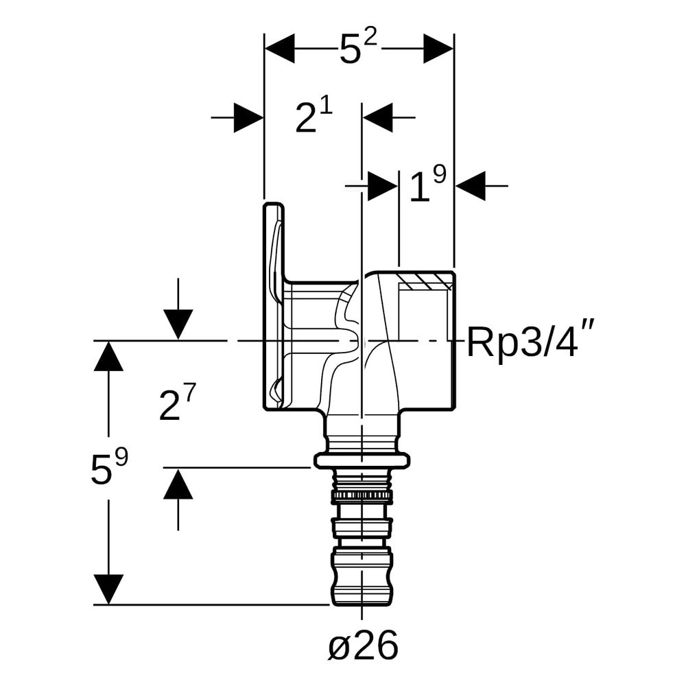 Geberit Mepla Anschlusswinkel 90 Grad, D 26mm, Rp 3/4", L 5,2cm, Rotguss bleifrei... GEBERIT-603294005 4025416700081 (Abb. 7)
