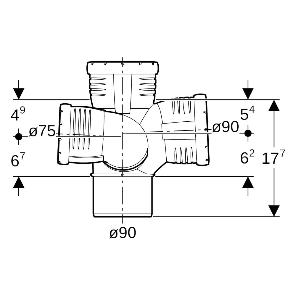 Geberit Silent-Pro Schachtbogenabzweig 87,5 Grad rechts D 90mm, D1 75mm, D2 90mm... GEBERIT-393463141 4025416454496 (Abb. 10)