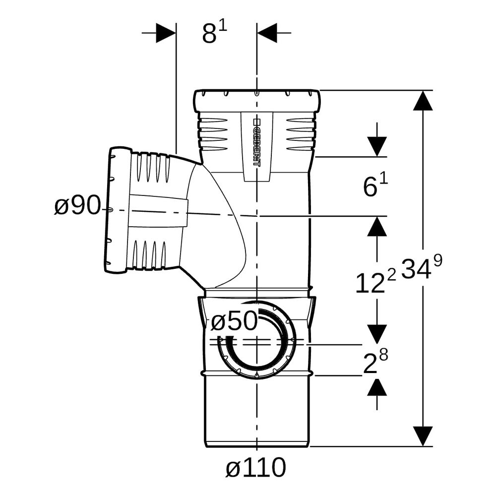 Geberit Silent-Pro Kombibogeneckabzweig 87,5 Grad rechts D 110mm, D1 90mm, D2 50mm... GEBERIT-393562141 4025416461241 (Abb. 10)