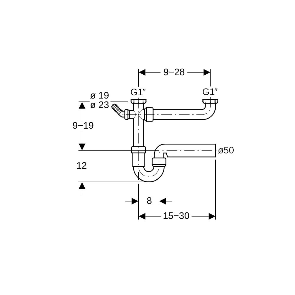 Geberit Siphon Rohrbogengeruchsverschluss für zwei Spülbecken, Winkelschlauchtülle A... GEBERIT-152715111 4025416001041 (Abb. 5)