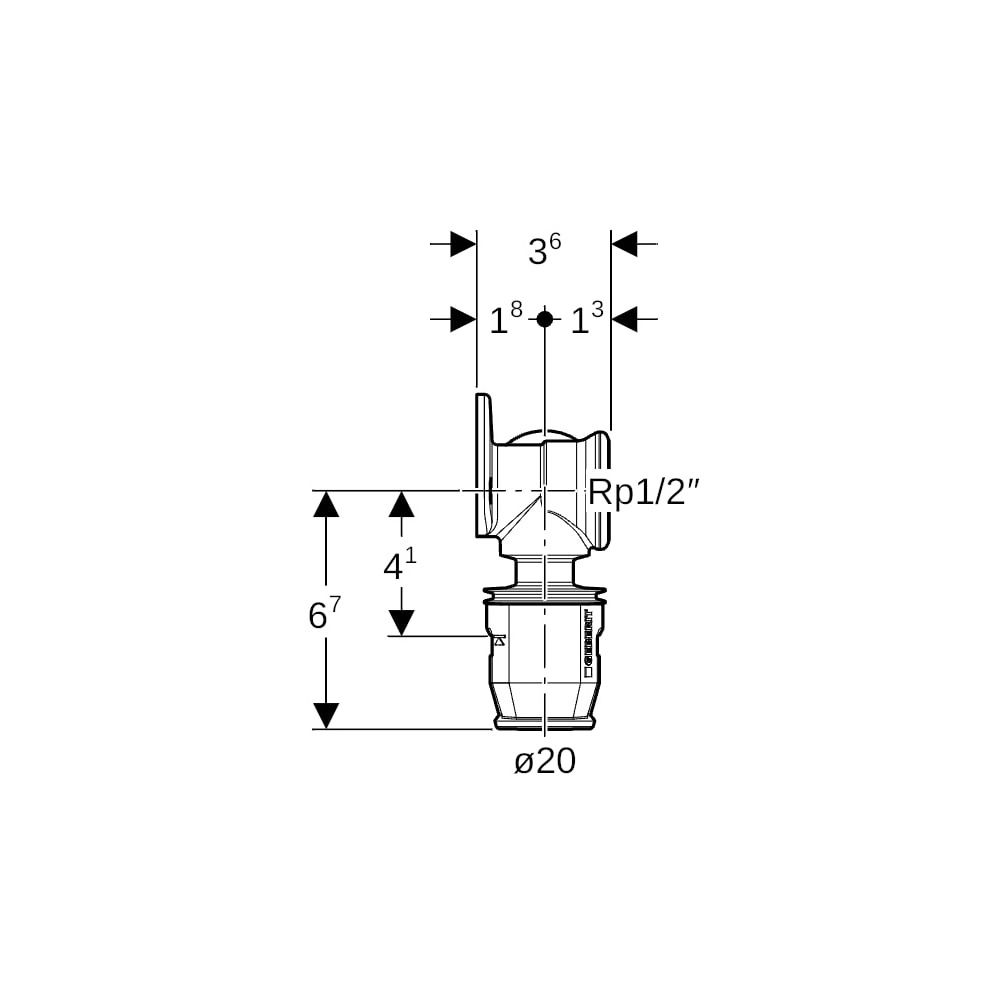 Geberit PushFit Eckanschlusswinkel 90 Grad CW617N, d 20mm, Rp 1/2″, L1 3,6cm... GEBERIT-651295001 4025416957997 (Abb. 6)