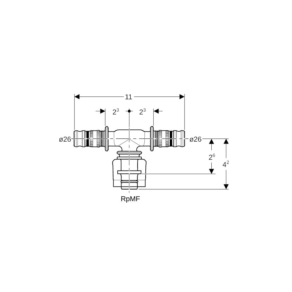 Geberit Mepla Übergangs-T-Stück mit MasterFix, Durchgang, d 26mm, RpMF 1/2″, d1 26mm... GEBERIT-623452005 4025416222262 (Abb. 6)