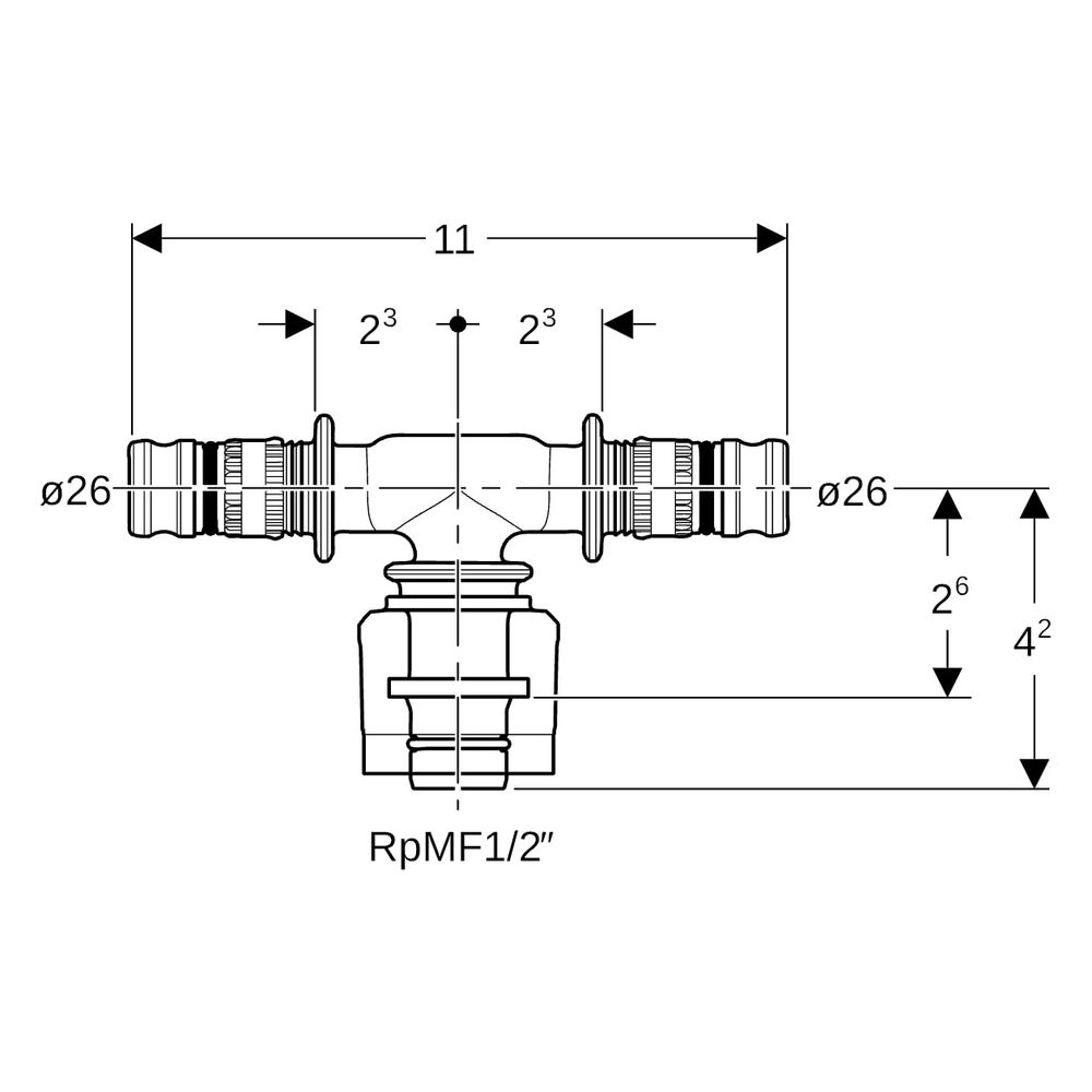 Geberit Mepla Übergangs-T-Stück mit MasterFix, Durchgang, D 26mm, RpMF 1/2", D1 26mm... GEBERIT-623452005 4025416222262 (Abb. 8)