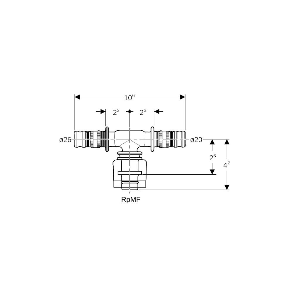 Geberit Mepla Übergangs-T-Stück mit MasterFix, Durchgang, d 26mm, RpMF 1/2″, d1 20mm... GEBERIT-623451005 4025416222330 (Abb. 6)