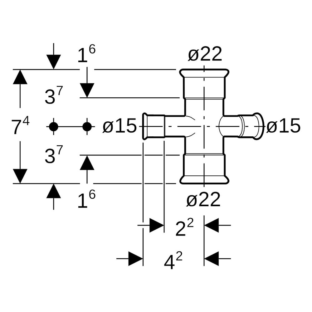 Geberit Mapress C-Stahl Kreuzstück 30 Grad reduziert D 22mm, D1 15mm, 21406... GEBERIT-21406 4024723214069 (Abb. 9)