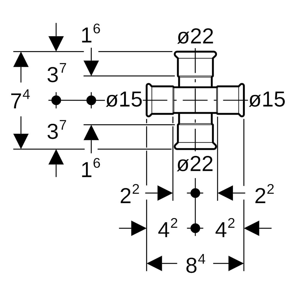 Geberit Mapress C-Stahl Kreuzstück reduziert, abgesetzt, D 22mm, D1 15mm... GEBERIT-21506 4024723215066 (Abb. 9)