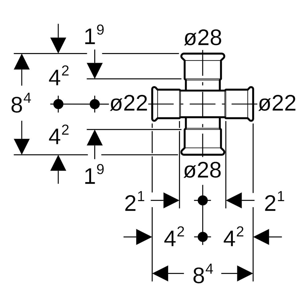 Geberit Mapress C-Stahl Kreuzstück reduziert, abgesetzt, D 28mm, D1 22mm... GEBERIT-21512 4024723215127 (Abb. 9)