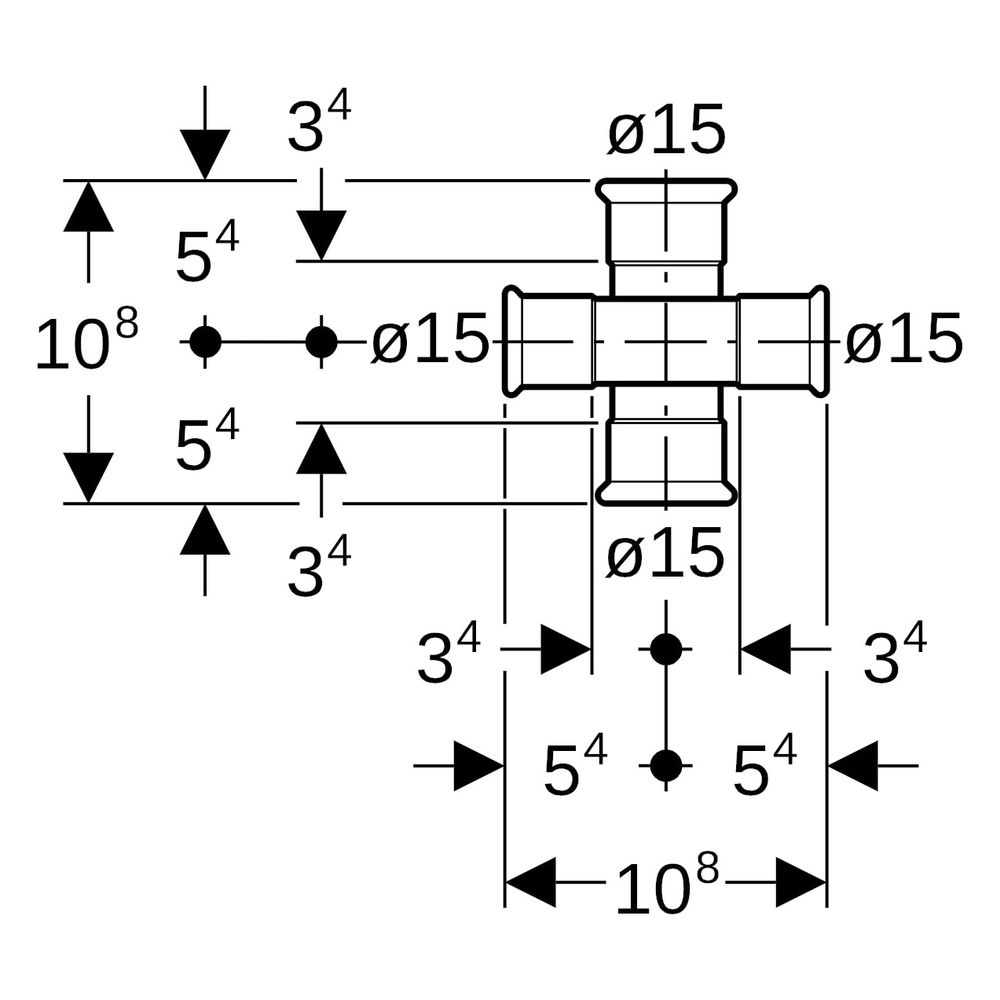 Geberit Mapress Kupfer Kreuzstück reduziert, abgesetzt D 15mm, D1 15mm... GEBERIT-61504 4024723615040 (Abb. 9)