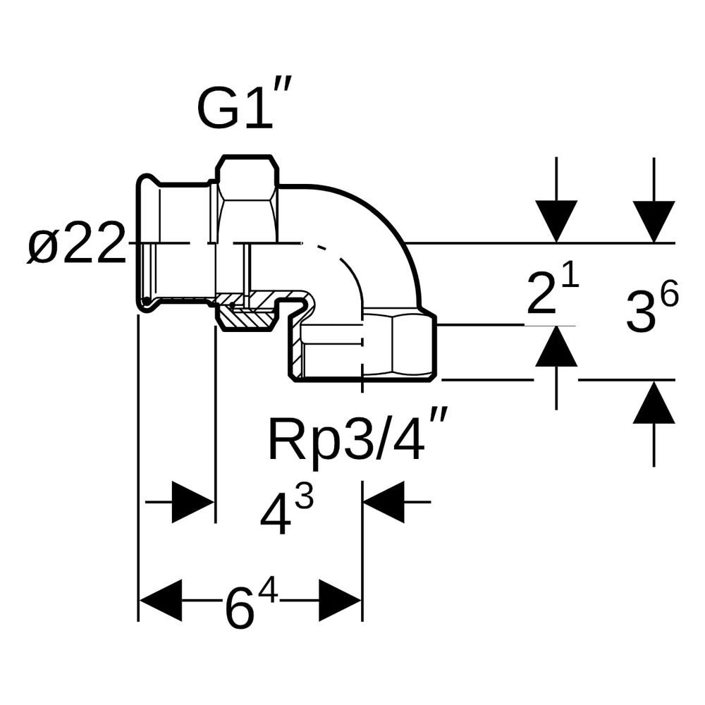 Geberit Mapress Kupfer Übergangs-Winkelverschraubung 90 Grad mit Innengewinde, D 22mm, R... GEBERIT-65384 4024723653844 (Abb. 7)