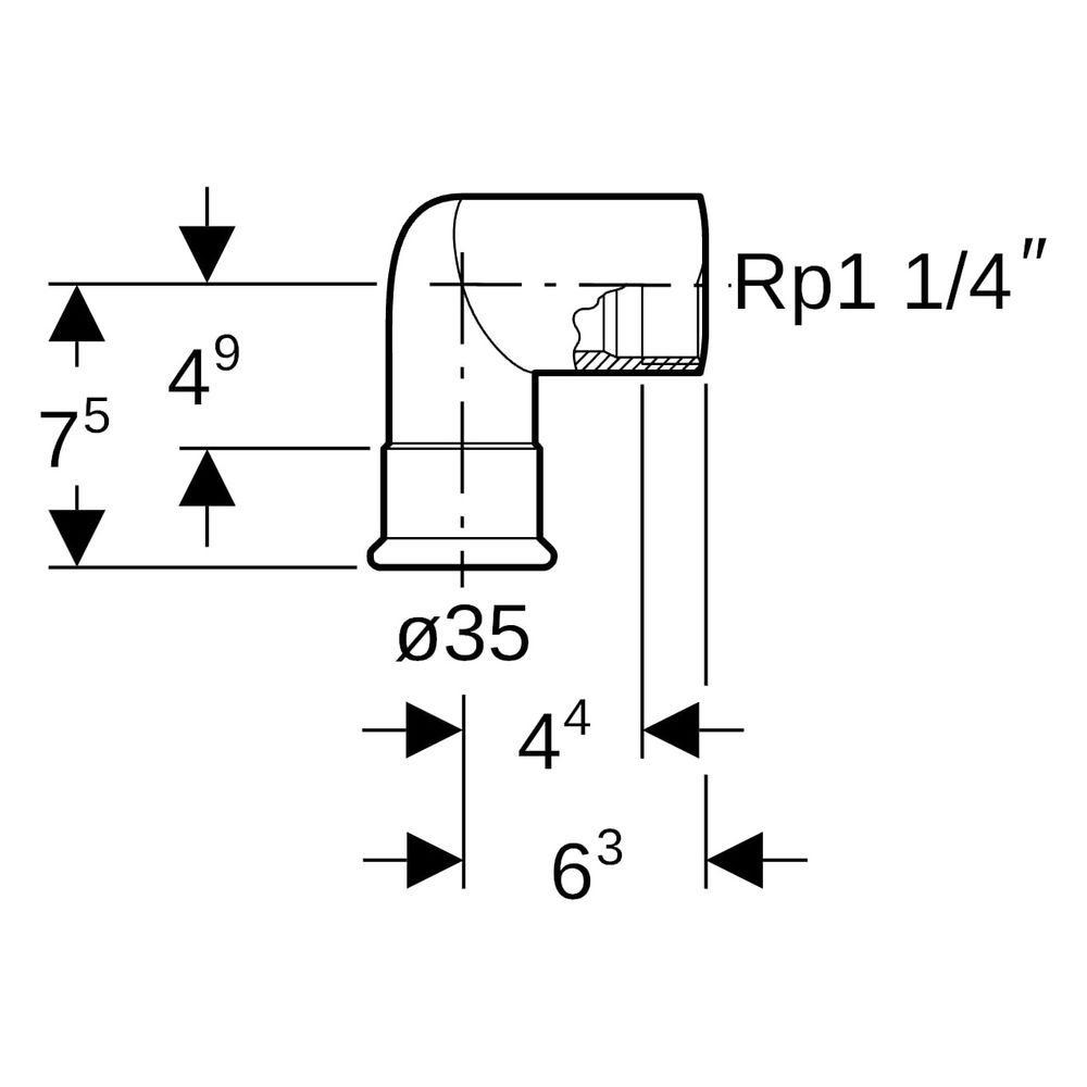Geberit Mapress Edelstahl Übergangswinkel 90 Grad mit Innengewinde D 35mm, Rp 1 1/4", L1... GEBERIT-33807 4024723338079 (Abb. 7)