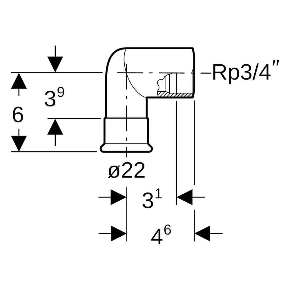Geberit Mapress Therm Übergangswinkel 90 Grad mit Innengewinde D 22mm, Rp 3/4"... GEBERIT-43805 4025410097286 (Abb. 6)