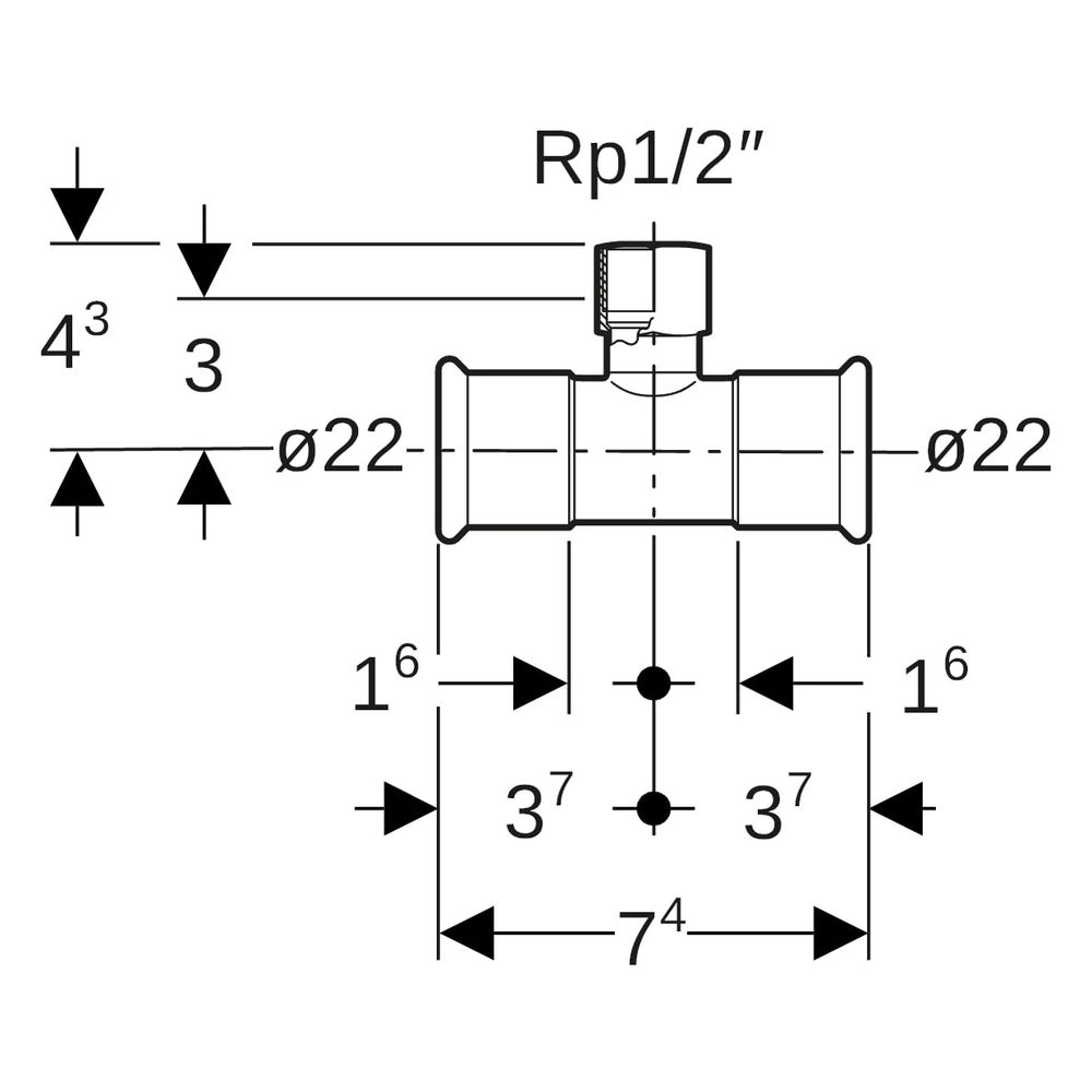 Geberit Mapress Edelstahl T-Stück mit Innengewinde D 22mm, Rp 1/2", D1 22mm... GEBERIT-31307 4024723313076 (Abb. 7)
