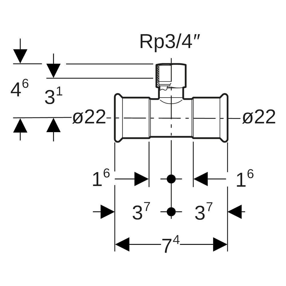 Geberit Mapress Edelstahl T-Stück mit Innengewinde D 22mm, Rp 3/4", D1 22mm... GEBERIT-31308 4024723313083 (Abb. 7)