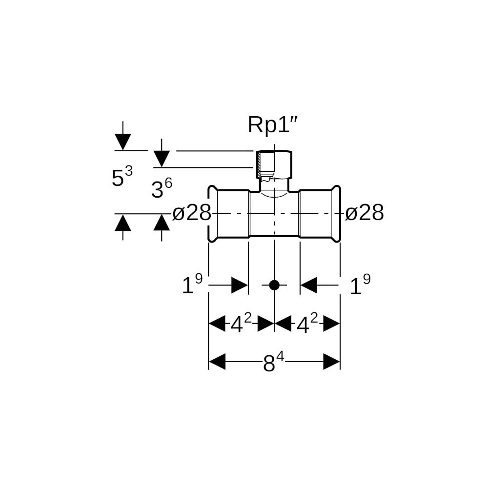 Geberit Mapress Edelstahl T-Stück mit Innengewinde D 28mm, Rp 1", D1 28mm... GEBERIT-31311 4024723313113 (Abb. 5)