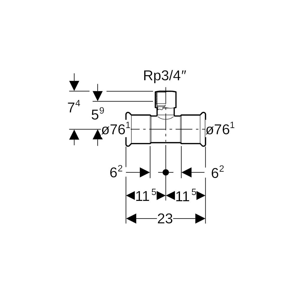 Geberit Mapress Edelstahl T-Stück mit Innengewinde d 76,1mm, Rp 3/4″, d1 76,1mm... GEBERIT-31326 4024723313267 (Abb. 5)
