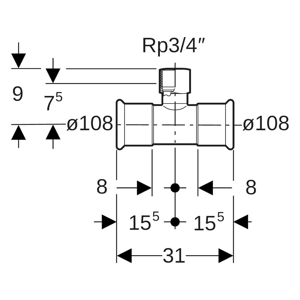 Geberit Mapress Edelstahl T-Stück mit Innengewinde D 108mm, Rp 3/4", D1 108mm... GEBERIT-31336 4024723313366 (Abb. 7)