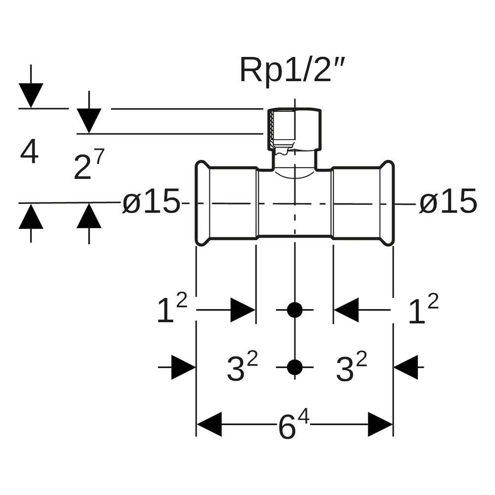 Geberit Mapress Edelstahl T-Stück mit Innengewinde, Gas, D 15mm, Rp 1/2", D1 15mm... GEBERIT-34052 4024723340522 (Abb. 7)