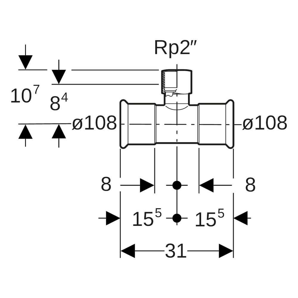 Geberit Mapress Edelstahl T-Stück mit Innengewinde LABS-frei, D 108mm, Rp 2", D1 108mm... GEBERIT-81339 4024723813392 (Abb. 7)