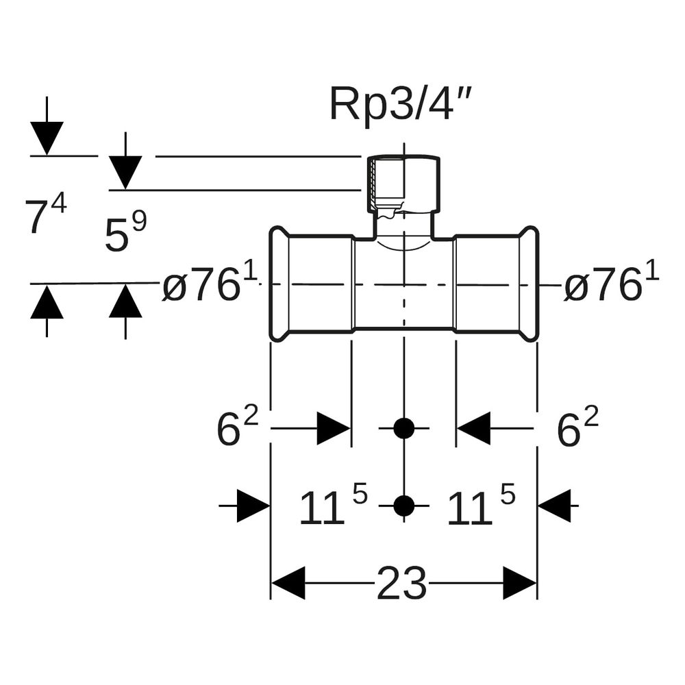 Geberit Mapress C-Stahl T-Stück mit Innengewinde, D 76,1mm, Rp 3/4", D1 76,1mm... GEBERIT-21326 4024723213260 (Abb. 7)
