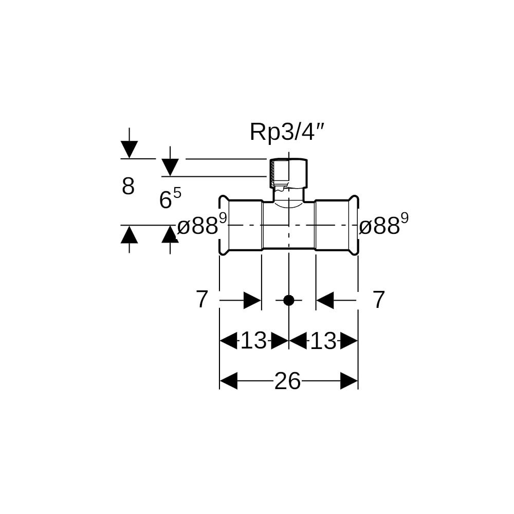 Geberit Mapress C-Stahl T-Stück mit Innengewinde, d 88,9mm, Rp 3/4", d1 88,9mm... GEBERIT-21331 4024723213314 (Abb. 5)