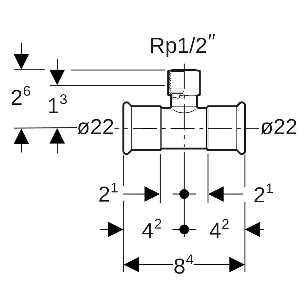 Geberit Mapress Kupfer T-Stück mit Innengewinde, D 22mm, Rp 1/2", D1 22mm, Rotguss bleif... GEBERIT-61357 4024723613572 (Abb. 7)