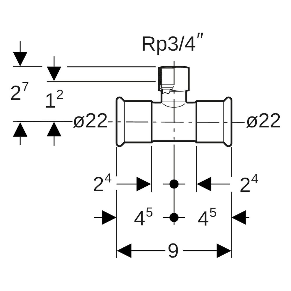 Geberit Mapress Kupfer T-Stück mit Innengewinde, D 22mm, Rp 3/4", D1 22mm, Rotguss bleif... GEBERIT-61395 4024723613954 (Abb. 7)