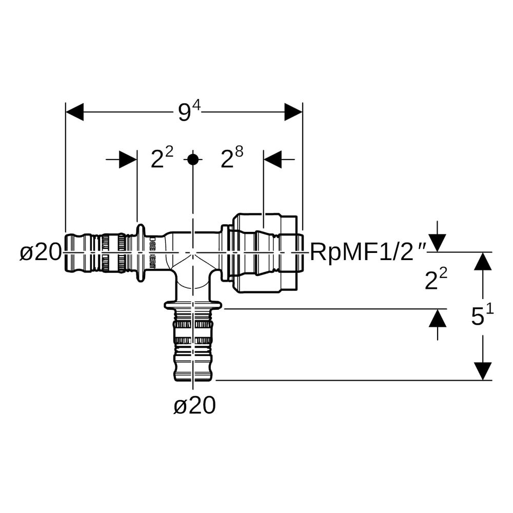 Geberit Mepla Übergangs-T-Stück mit MasterFix, Abzweig PVDF, D 20mm, D1 20mm, RpMF1 ... GEBERIT-622454005 4025416222576 (Abb. 7)