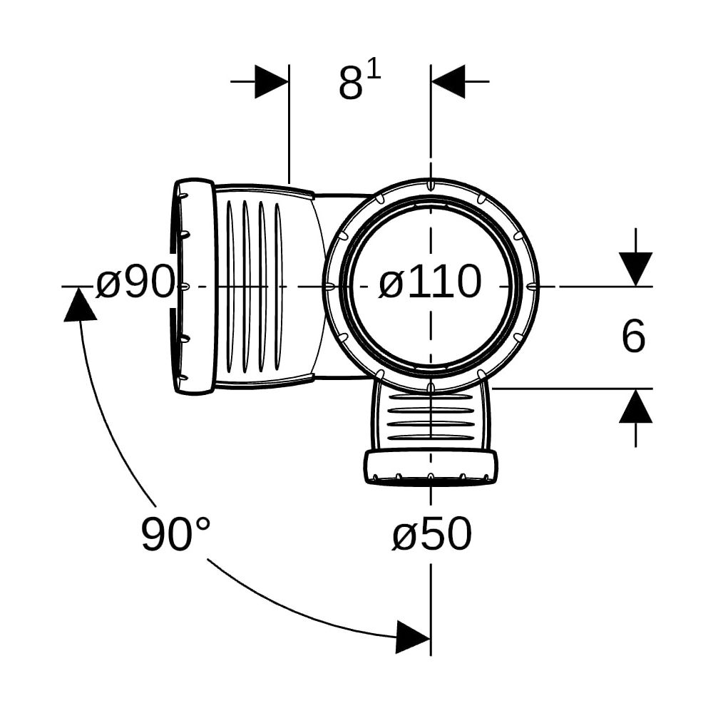 Geberit Silent-Pro Kombibogeneckabzweig 87,5 Grad rechts D 110mm, D1 90mm, D2 50mm... GEBERIT-393562141 4025416461241 (Abb. 9)