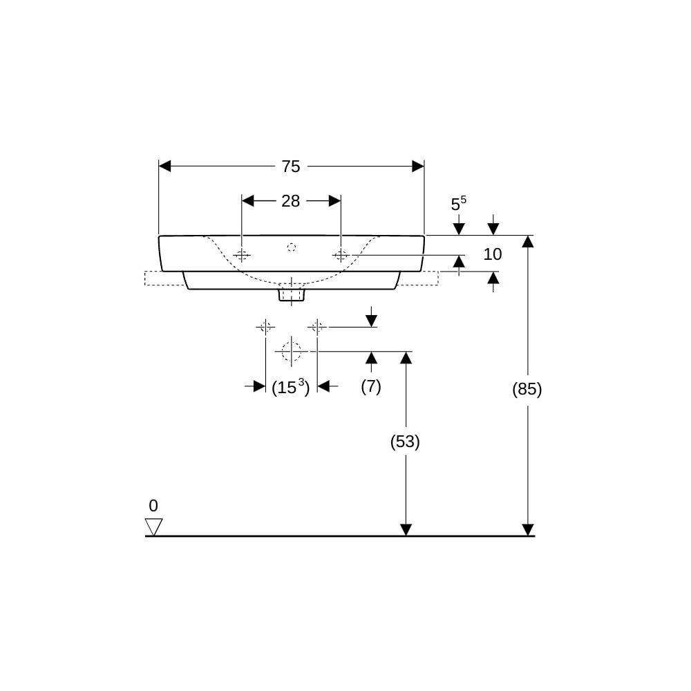 Geberit Renova Plan Aufsatzwaschtisch, Ablagefläche beidseitig, B 75cm T 48cm Hahnlo... GEBERIT-501726001 4025410868657 (Abb. 8)