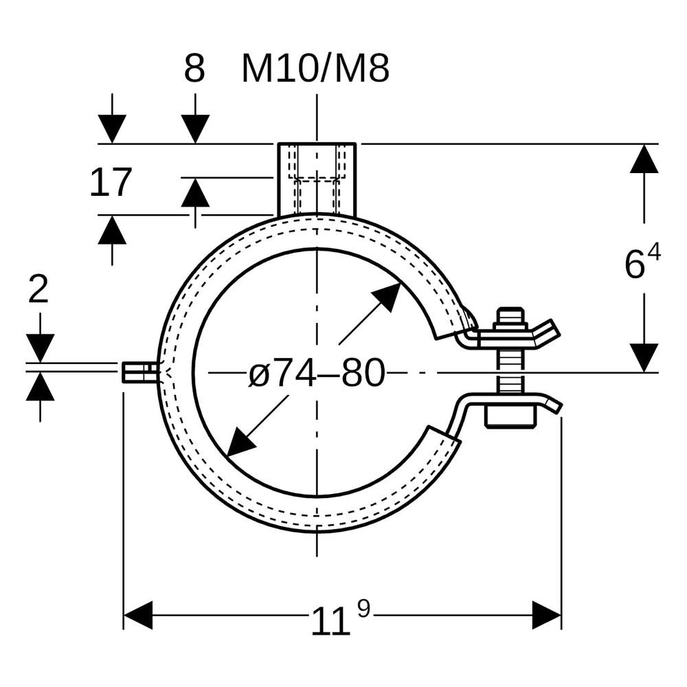 Geberit Rohrschelle gedämmt, mit Gewindemuffe M8, M10 1,0215, ID 74-80mm, galvanisch... GEBERIT-601859261 4025416498575 (Abb. 9)