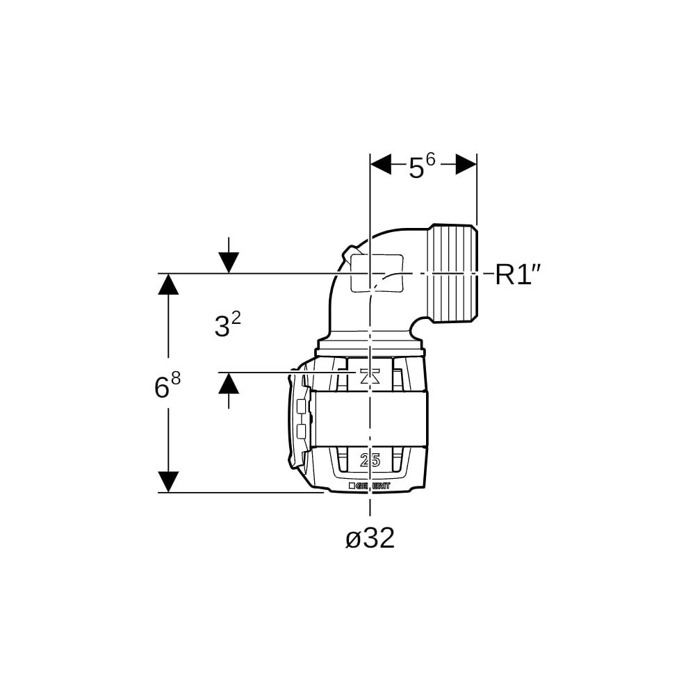 Geberit FlowFit Übergangsbogen 90 Grad mit Außengewinde, lang Bleifreier, d 32mm, R ... GEBERIT-620528001 4025410627506 (Abb. 5)