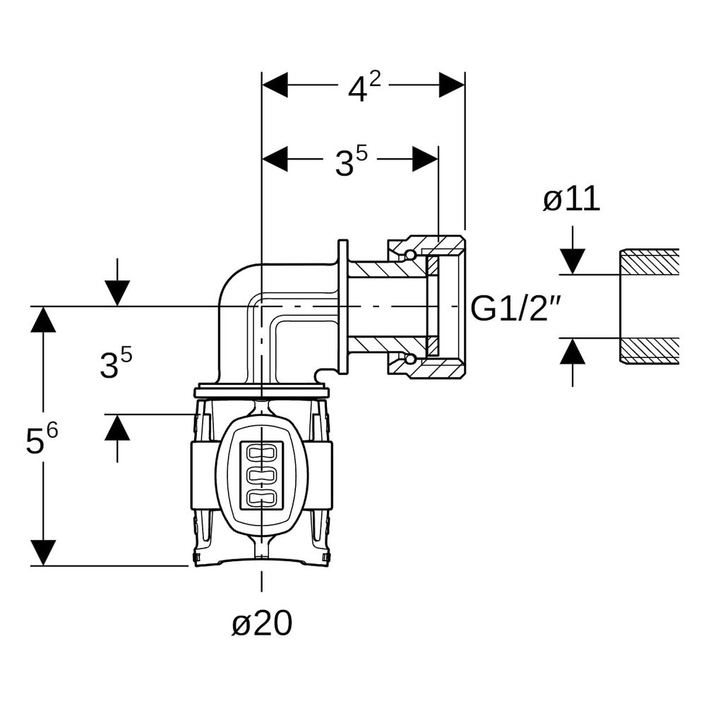 Geberit FlowFit Übergangsbogen 90 Grad mit Überwurfmutter bleifreie Siliziumbronze, ... GEBERIT-620688001 4025410051929 (Abb. 5)