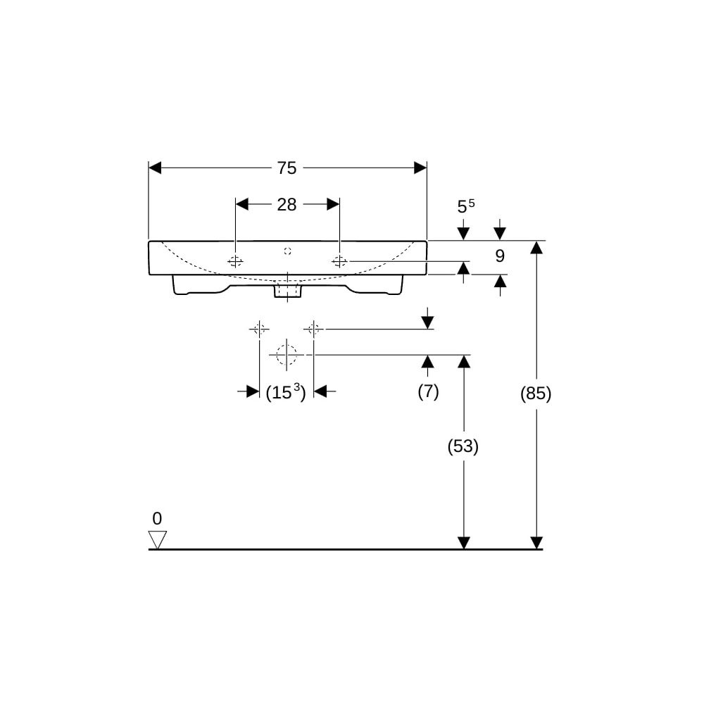 Geberit iCon Waschtisch, Breite 75cm, Tiefe 48,5cm, ohne Hahnloch, Überlauf sichtbar... GEBERIT-124078000 4022009333183 (Abb. 8)