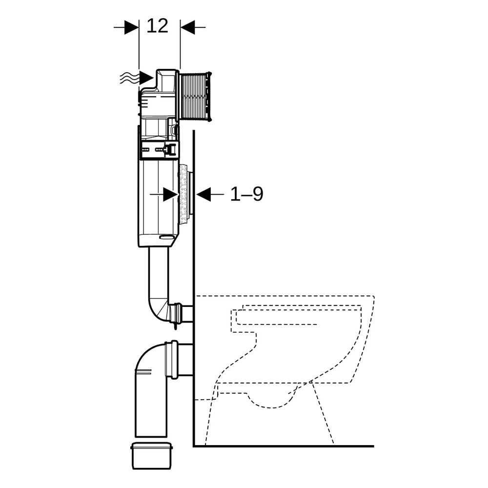 Geberit Sigma Unterputzspülkasten 12cm, 6 oder 3 Liter, Spülbogen gesteckt, mit Bet... GEBERIT-109302005 4025416724995 (Abb. 15)