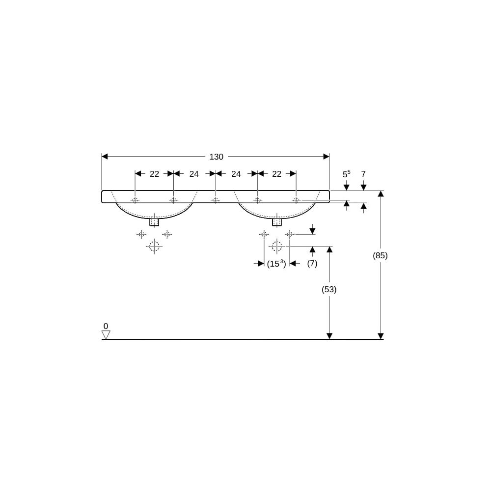 Geberit Preciosa Doppelwaschtisch, 130x55mm, Hahnloch mittig, ohne Überlauf, Weiß, K... GEBERIT-133230600 4022009232226 (Abb. 5)