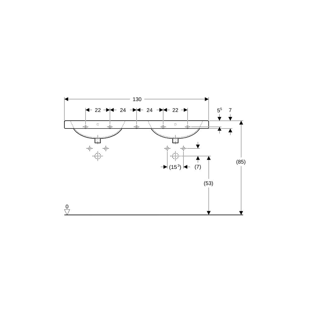 Geberit Preciosa Doppelwaschtisch, Breite 130cm, Tiefe 55cm, Hahnloch mittig, Überla... GEBERIT-133200600 4022009208320 (Abb. 8)