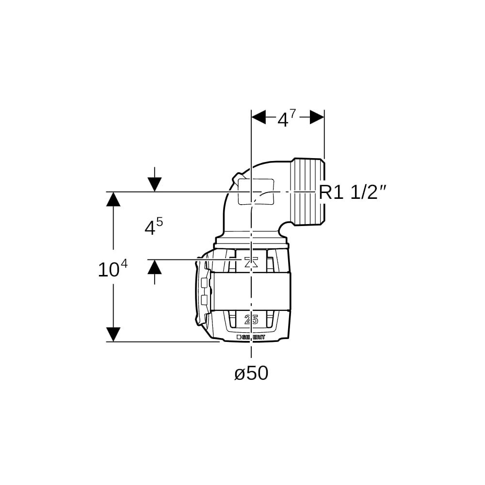 Geberit FlowFit Übergangsbogen 90 Grad mit Außengewinde Bleifreier, d 50mm, R 1 1/2″... GEBERIT-620505001 4025416639510 (Abb. 5)