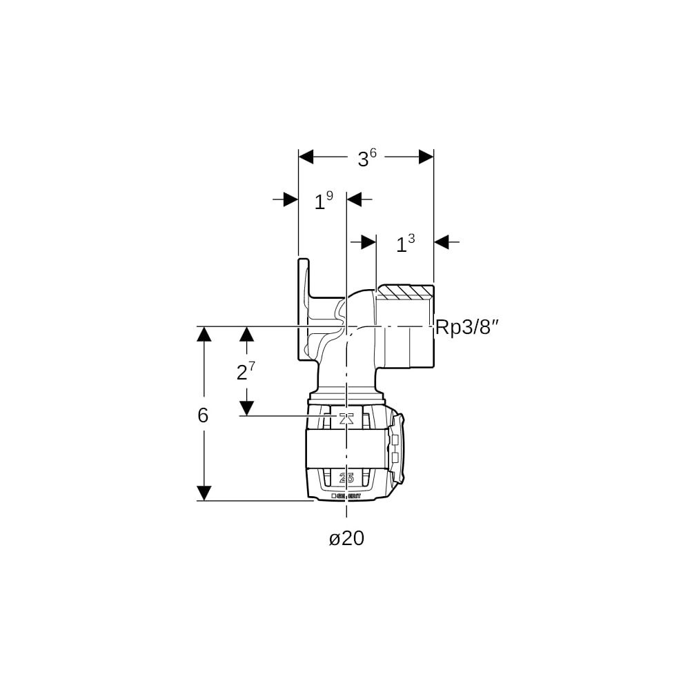 Geberit FlowFit Anschlusswinkel 90 Grad Bleifreier, d 20mm, Rp 3/8″, Länge 3,6cm, Ro... GEBERIT-620751001 4025416630609 (Abb. 5)