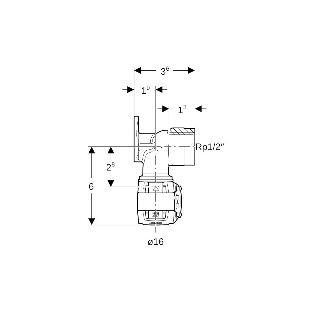 Geberit FlowFit Anschlusswinkel 90 Grad Bleifreier, d 16mm, Rp 1/2″, Länge 3,6cm, Ro... GEBERIT-620760001 4025416630616 (Abb. 5)