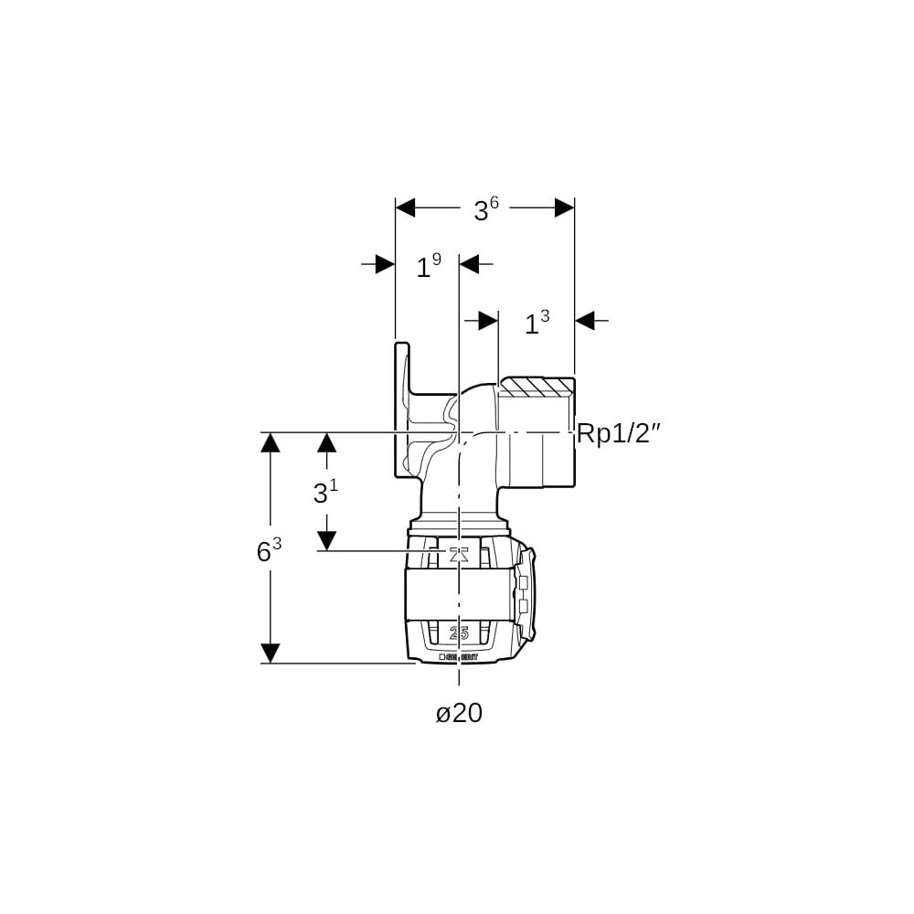 Geberit FlowFit Anschlusswinkel 90 Grad Bleifreier, d 20mm, Rp 1/2″, Länge 3,6cm, Ro... GEBERIT-620761001 4025416630869 (Abb. 5)