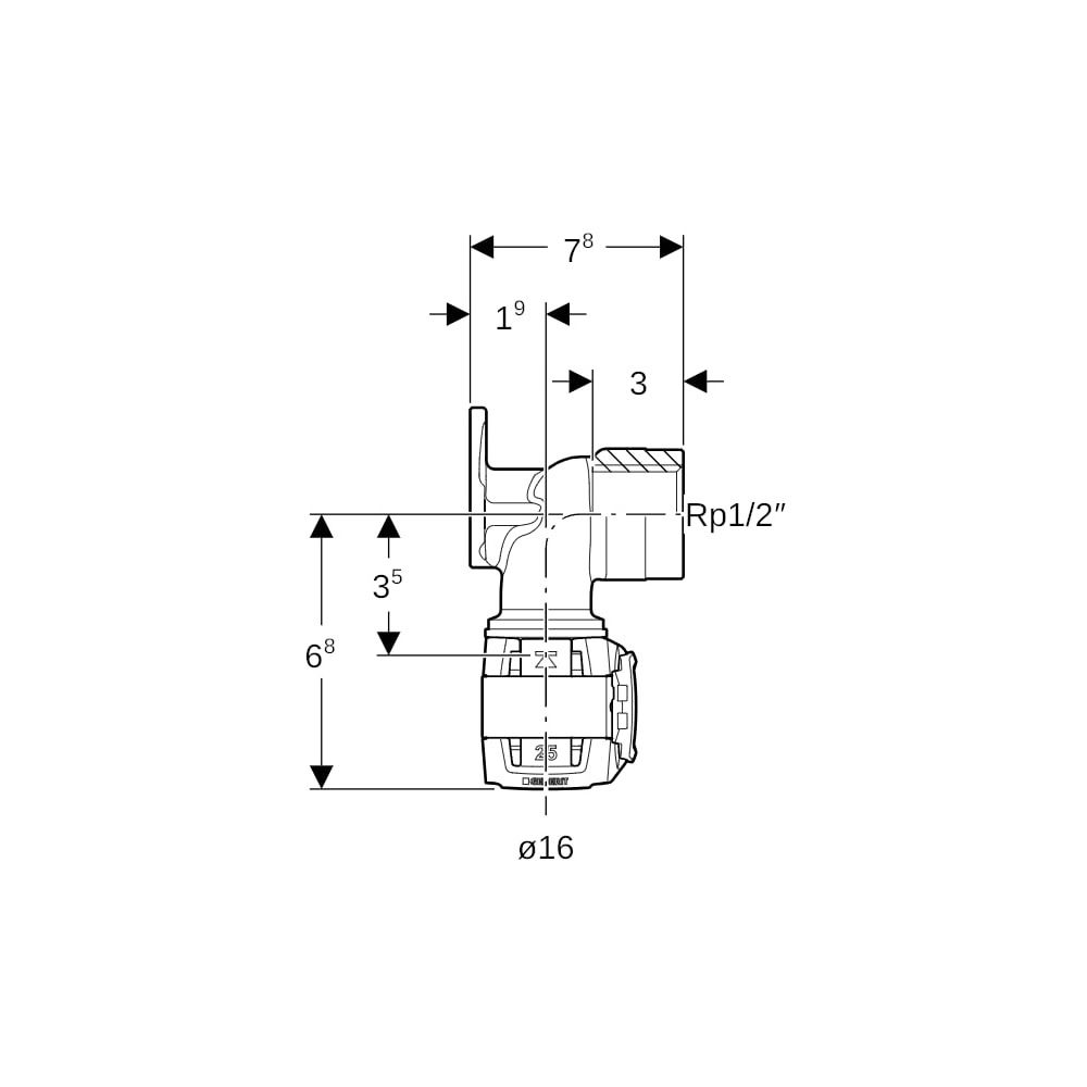 Geberit FlowFit Anschlusswinkel 90 Grad Bleifreier, d 16mm, Rp 1/2″, Länge 7,8cm, Ro... GEBERIT-620770001 4025416630906 (Abb. 5)