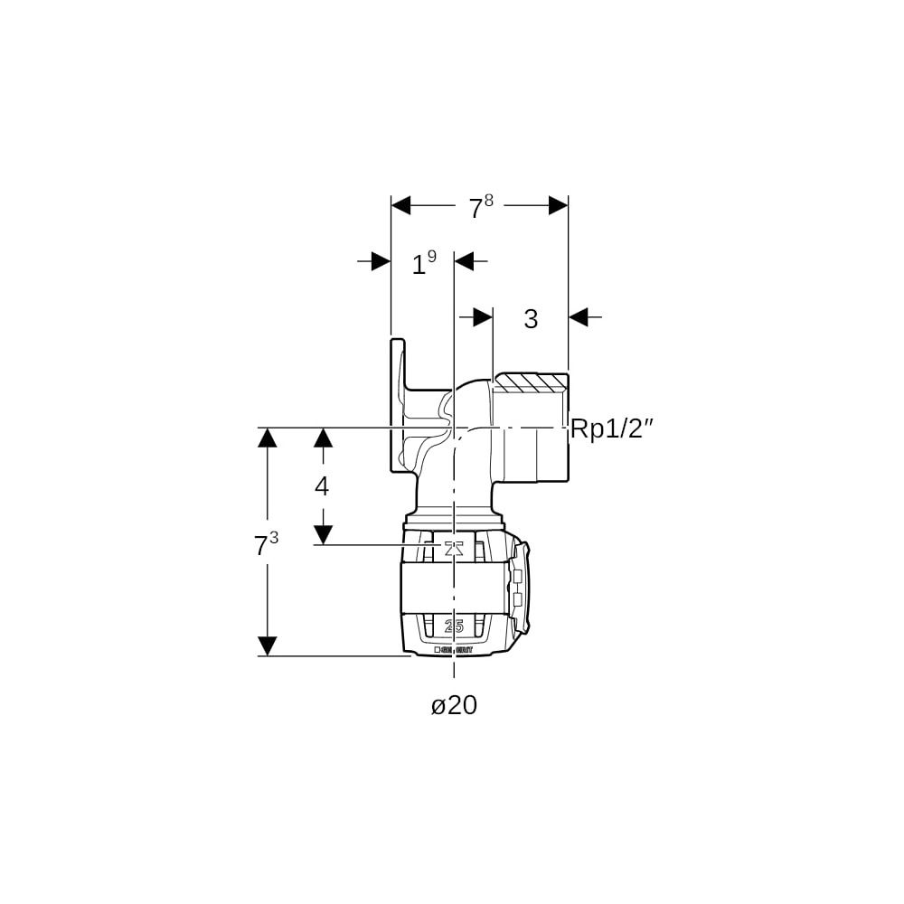 Geberit FlowFit Anschlusswinkel 90 Grad Bleifreier, d 20mm, Rp 1/2″, Länge 7,8cm, Ro... GEBERIT-620771001 4025416630975 (Abb. 5)