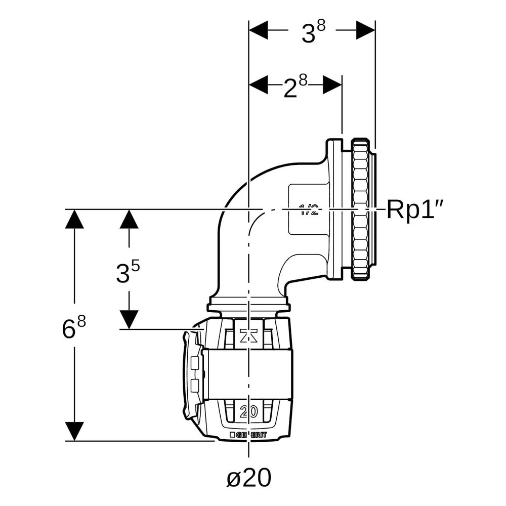Geberit FlowFit Anschlusswinkel 90 Grad für Unterputzspülkasten, D 20mm, Rp 1/2", Ro... GEBERIT-620891001 4025416631538 (Abb. 6)