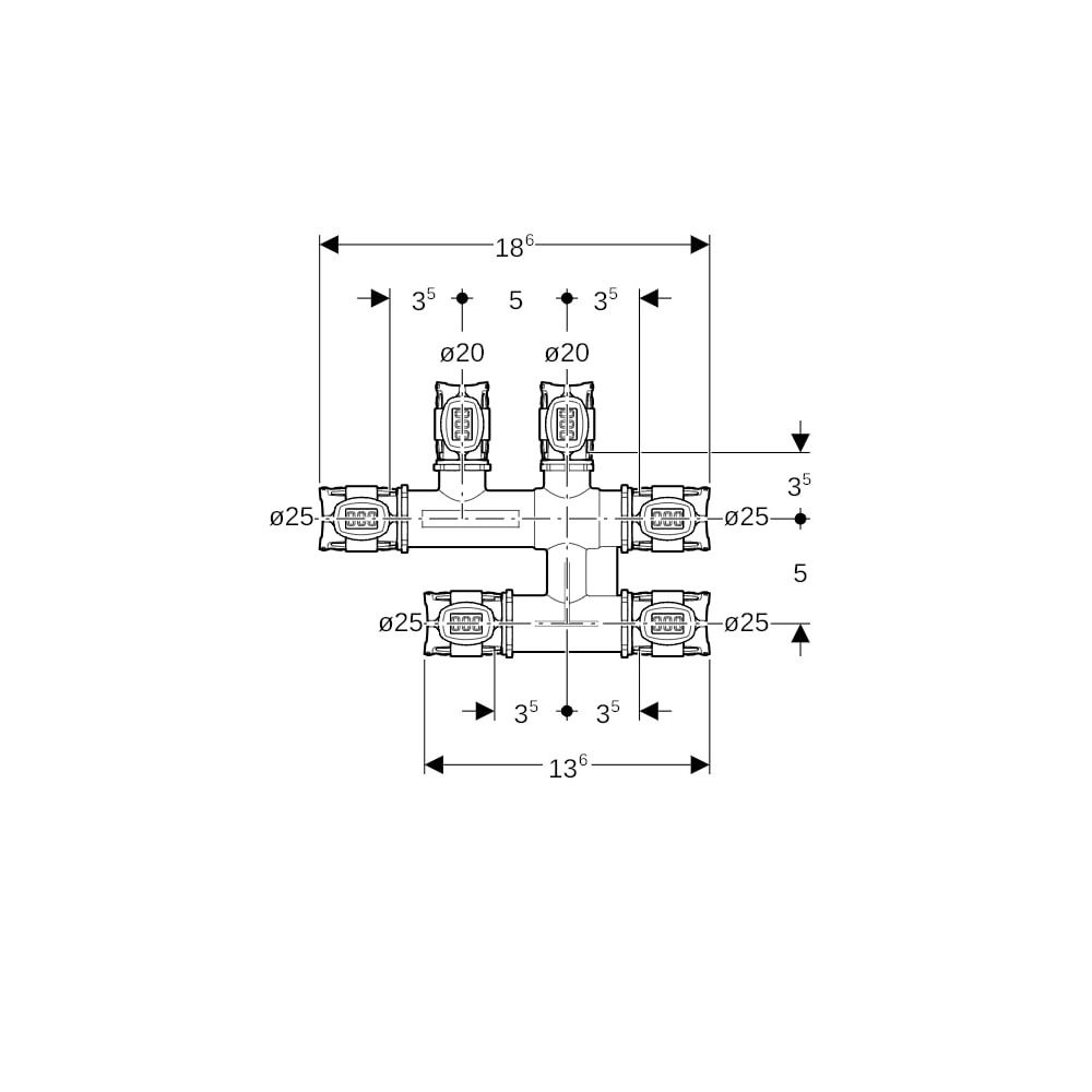Geberit FlowFit Kreuzungs-T-Stück mit Dämmbox bleifreie Siliziumbronze, d 25mm, d1 2... GEBERIT-619322001 4025416600558 (Abb. 6)