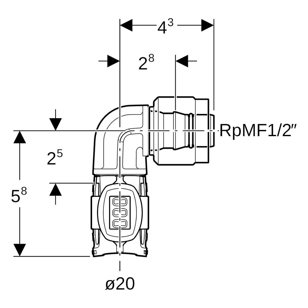 Geberit FlowFit Übergangswinkel 90 Grad mit MasterFix PPSU, D 20mm, RpMF 1/2"... GEBERIT-620491001 4025416639381 (Abb. 6)